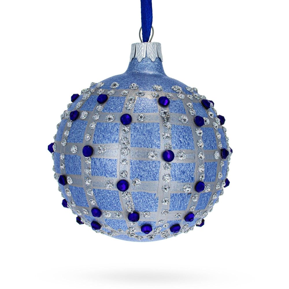 Blue Jewels And Check Pattern Necklace Design Glass Ball Christmas Ornament 3.25 Inches  |   Couturier Couturier Couturier