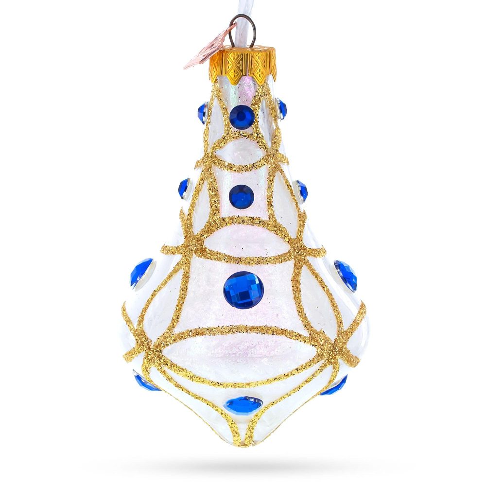 Blue Jewels On Clear Glass Bell Finial Christmas Ornament  |   Couturier Couturier Couturier