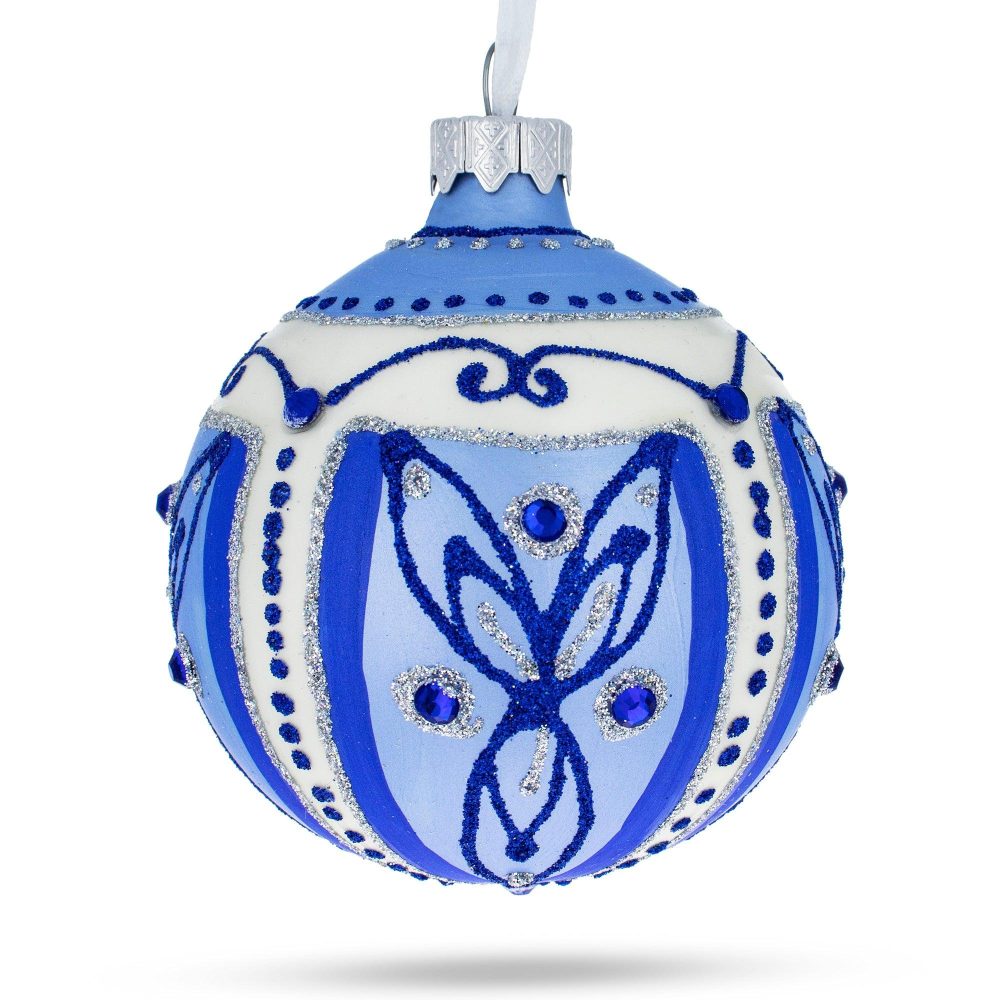 Blue Leaves Blown Glass Ball Christmas Ornament 3.25 Inches  |   Flowers Flowers Flowers