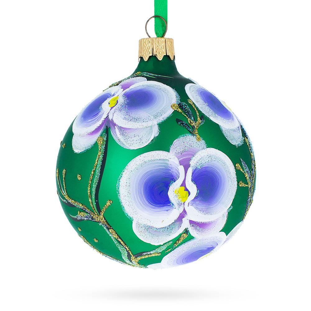 Blue Orchids On Verdant Green Blown Glass Ball Christmas Ornament 3.25 Inches  |   Flowers Flowers Flowers