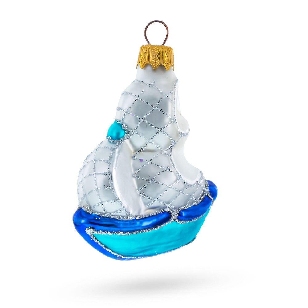 Blue Tall Ship With White Sail Mini Glass Christmas Ornament  |   Transportation Ornaments Transportation