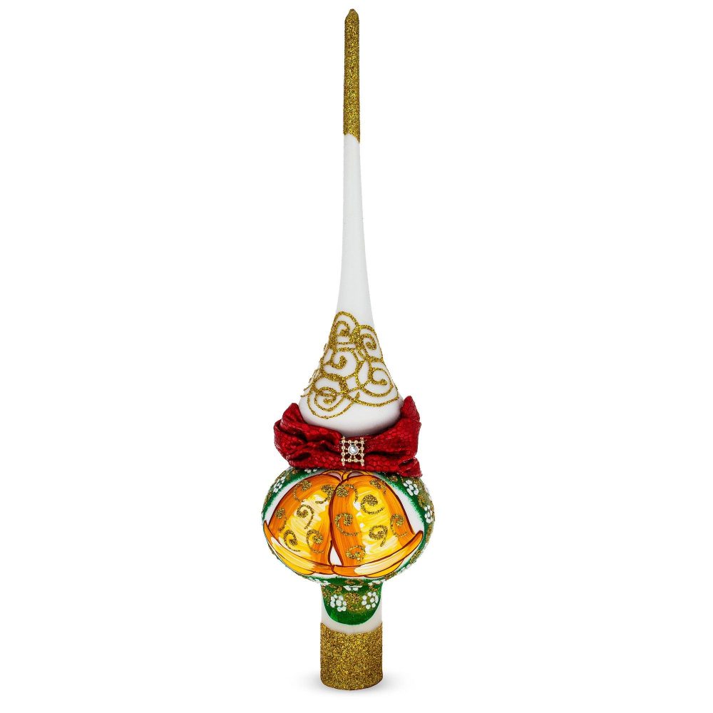 Bow And Bells On White Mouth Blown Glass Christmas Tree Topper 11 Inches  |   Tree Toppers Ornaments Tree Toppers