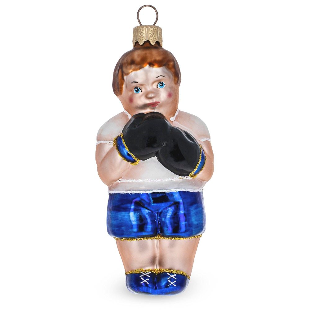 Boxer In Blue Costume Mini Glass Christmas Ornament  |   Sports Ornaments Sports