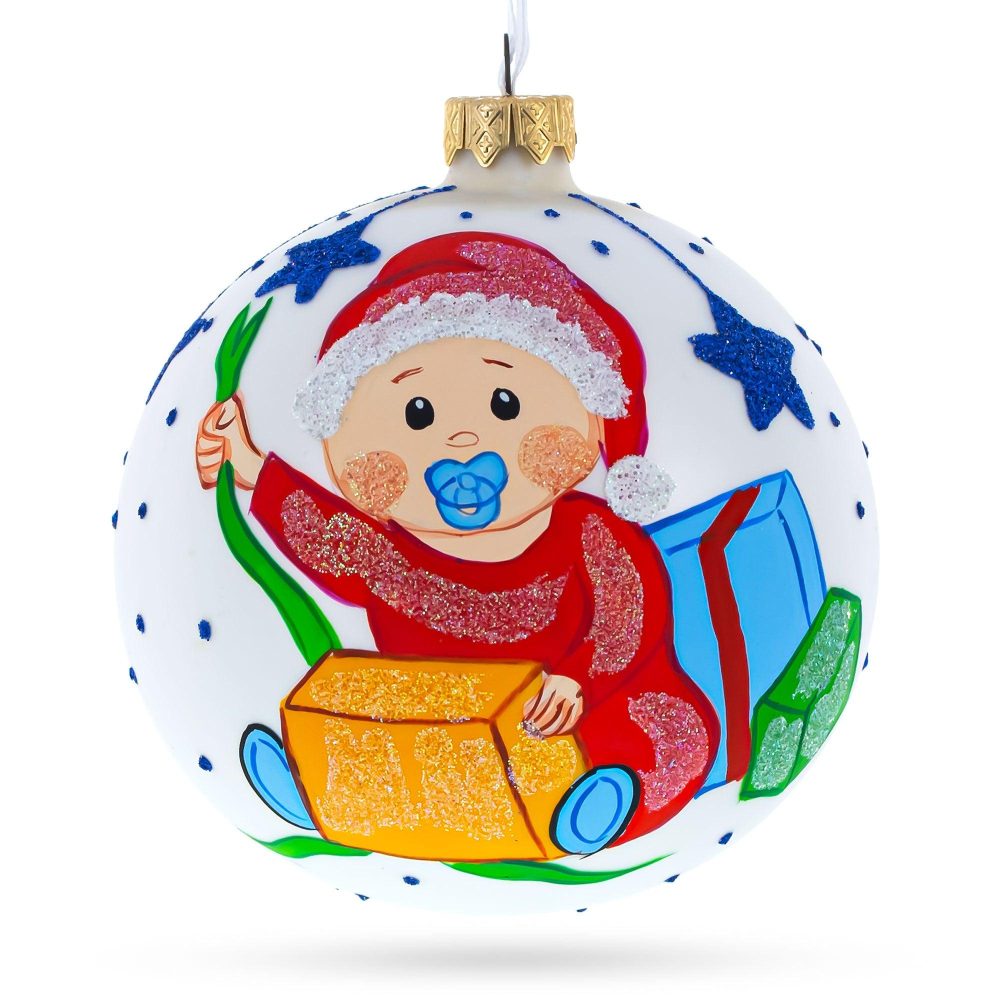 Boy Opening Gift Blown Glass Ball Baby’S First Christmas Ornament 4 Inches  |   Baby Baby Baby