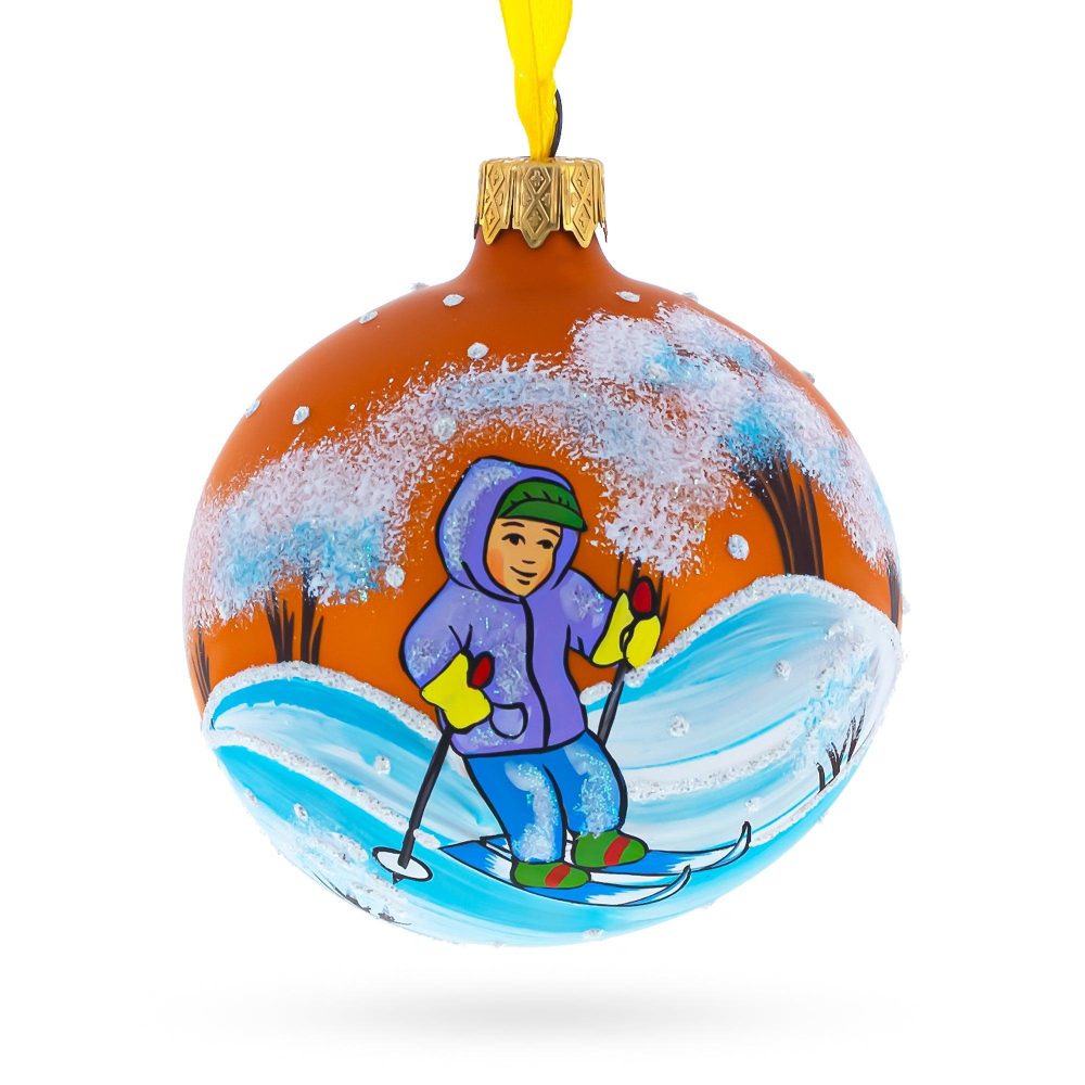 Boy Skiing Blown Glass Ball Christmas Ornament 3.25 Inches  |   Personalized Ornaments Personalized