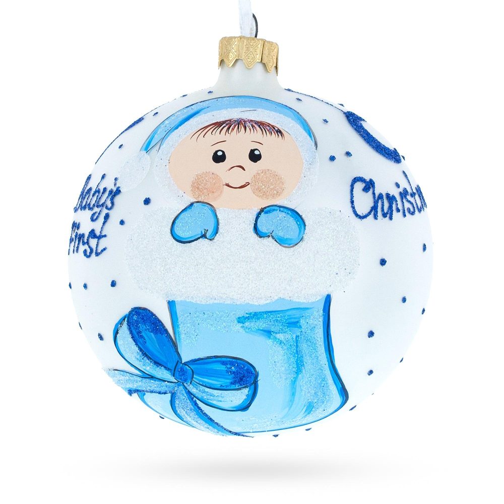 Boy Snuggled In A Christmas Stocking  Baby’S First Christmas Ball Ornament 4 Inches  |   Baby Baby Baby