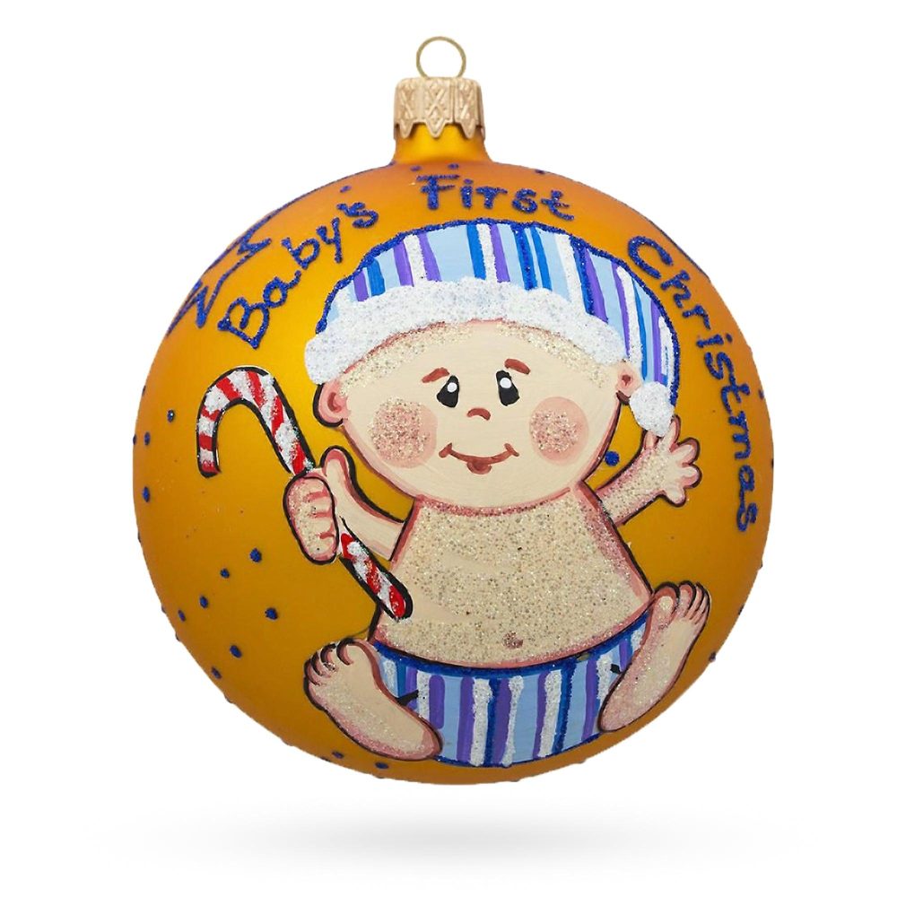 Boy With Candy Cane Blown Glass Ball Baby’S First Christmas Ornament 4 Inches  |   Baby Baby Baby