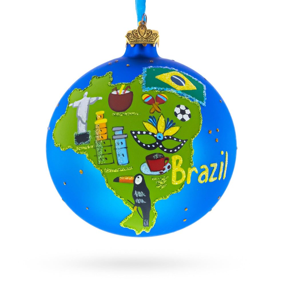 Brazil Map And Symbols Glass Ball Christmas Ornament 4 Inches  |   Travel Ornaments Travel