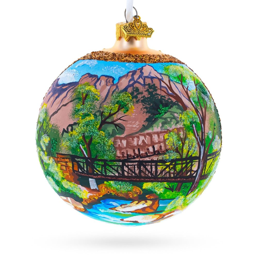 Bridge In The Mountain Park Painting Glass Ball Christmas Ornament 4 Inches  |   Artworks Artworks Artworks