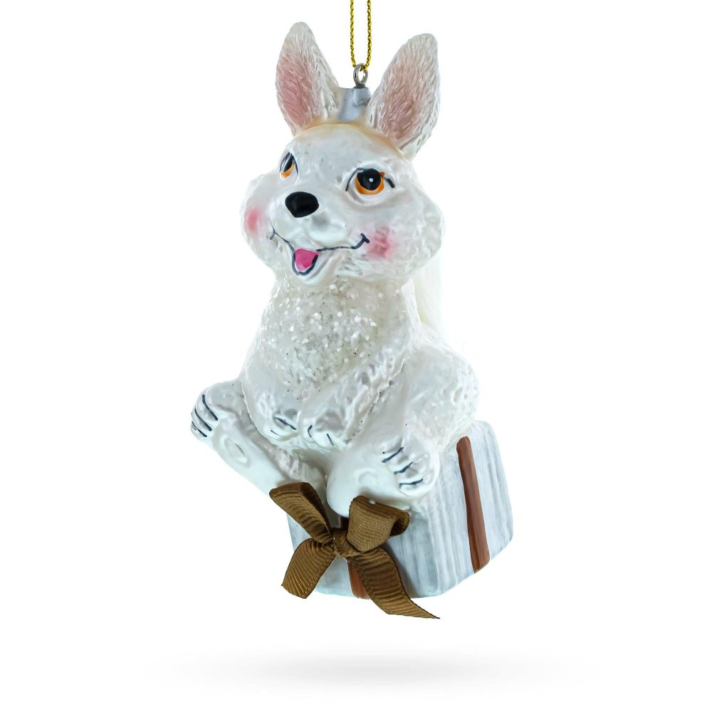 Bunny Elegantly Perched On A Festive Gift Box Blown Glass Christmas Ornament  |   Animals Animals Animals