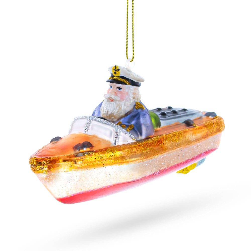 Captain Santa On Boat Blown Glass Christmas Ornament  |   Personalized Ornaments Personalized