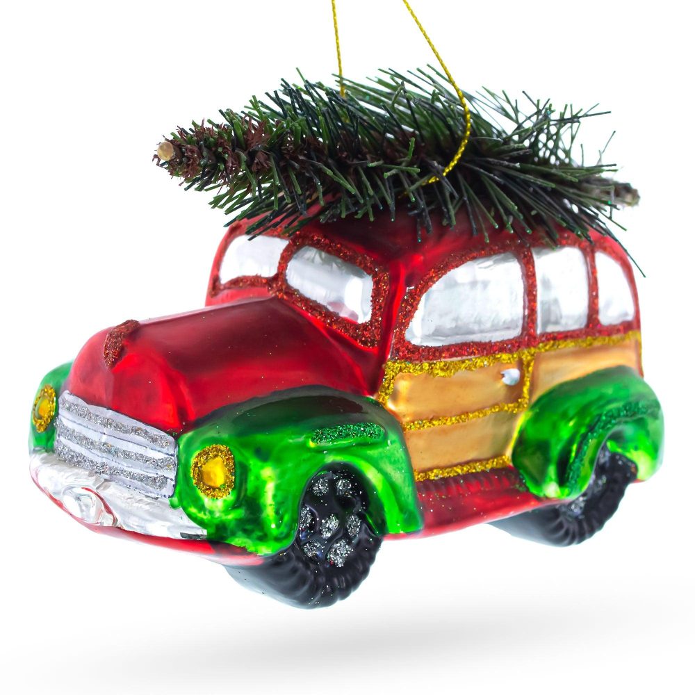 Car Carrying Christmas Tree Blown Glass Ornament  |   Personalized Ornaments Personalized