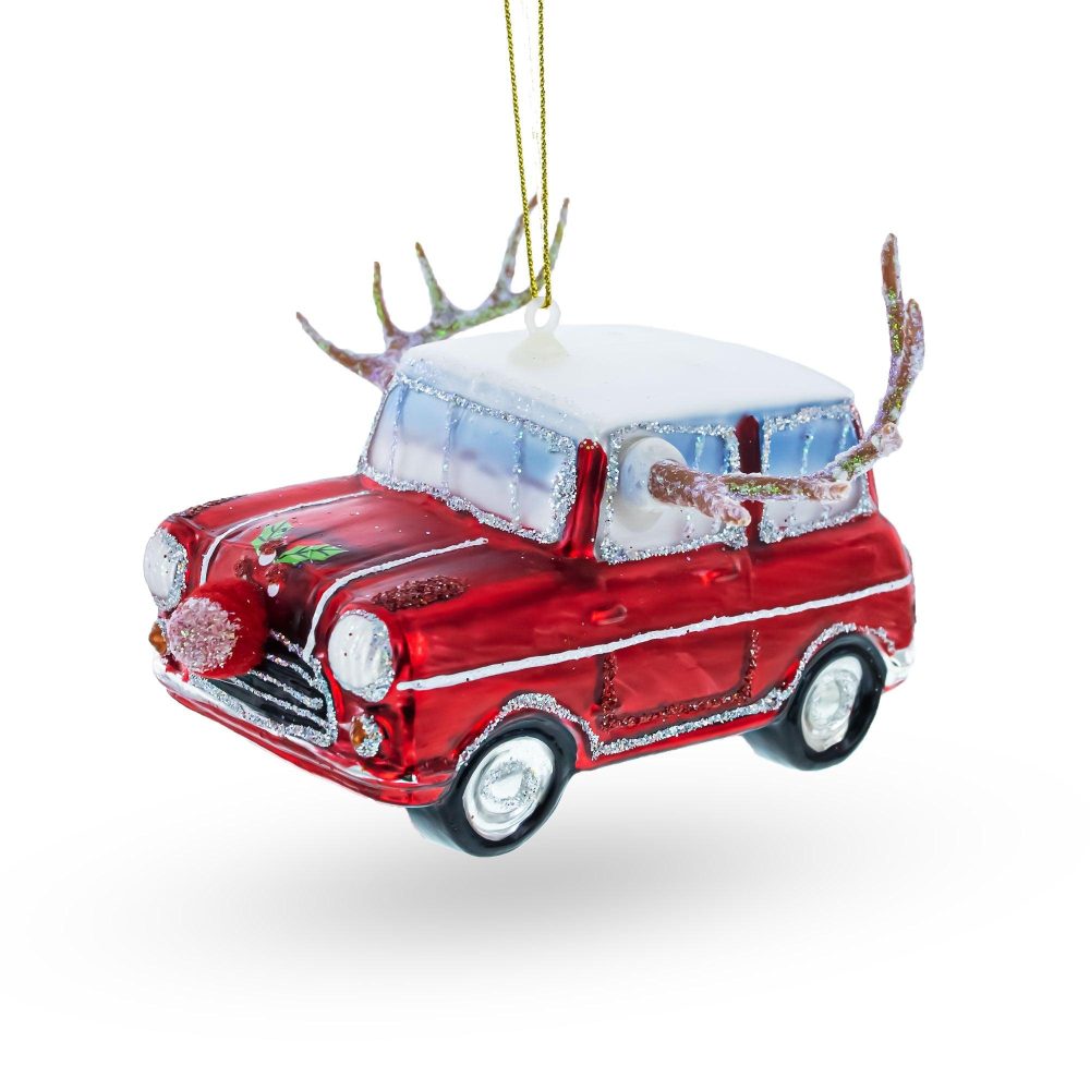 Car Decked Out With Nose & Antlers Glass Christmas Ornament  |   Personalized Ornaments Personalized