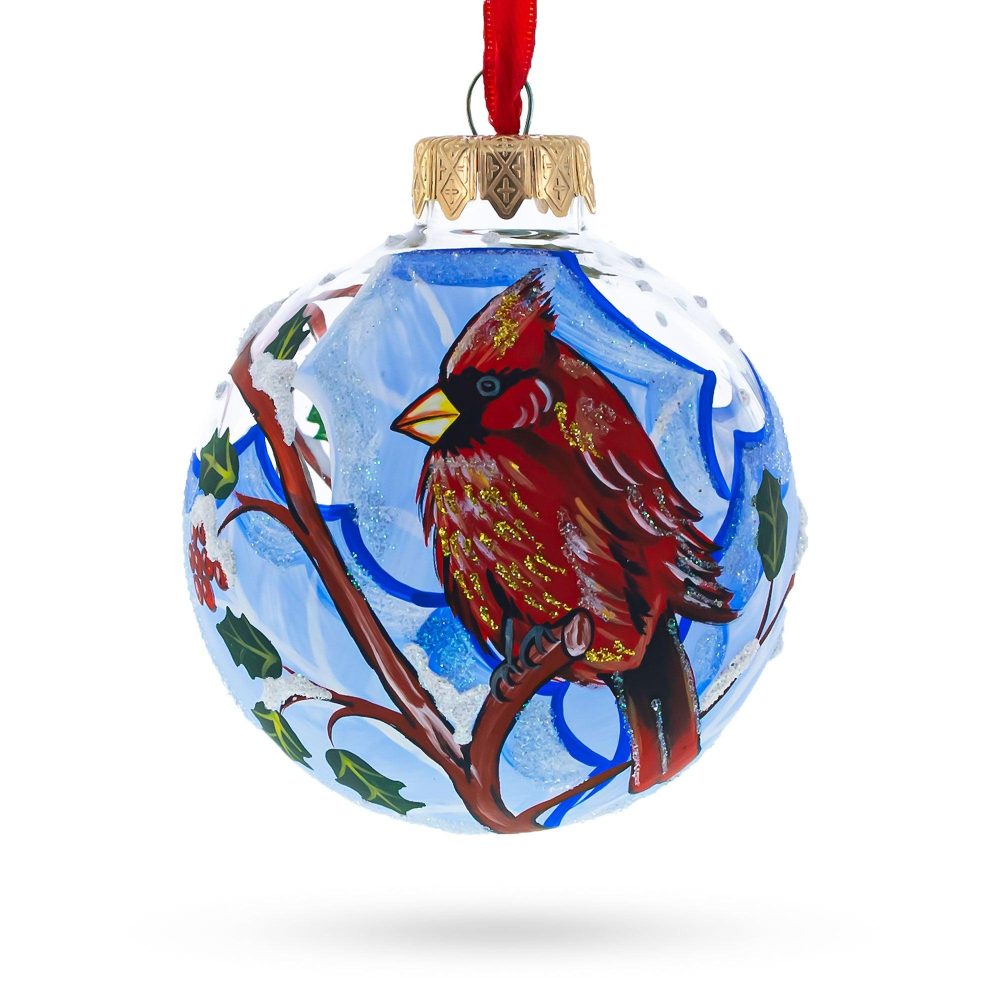 Cardinal Winter Scene Blown Glass Ball Christmas Ornament  3.25 Inches  |   Animals Animals Animals