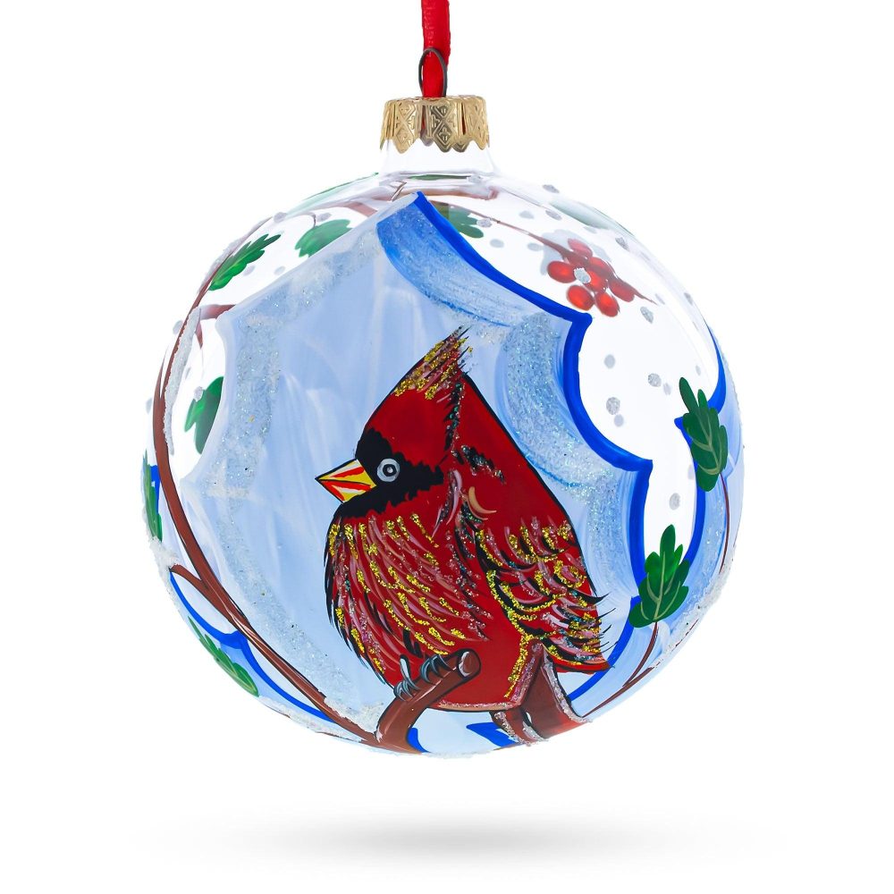 Cardinal Winter Scene Blown Glass Ball Christmas Ornament 4 Inches  |   Animals Animals Animals