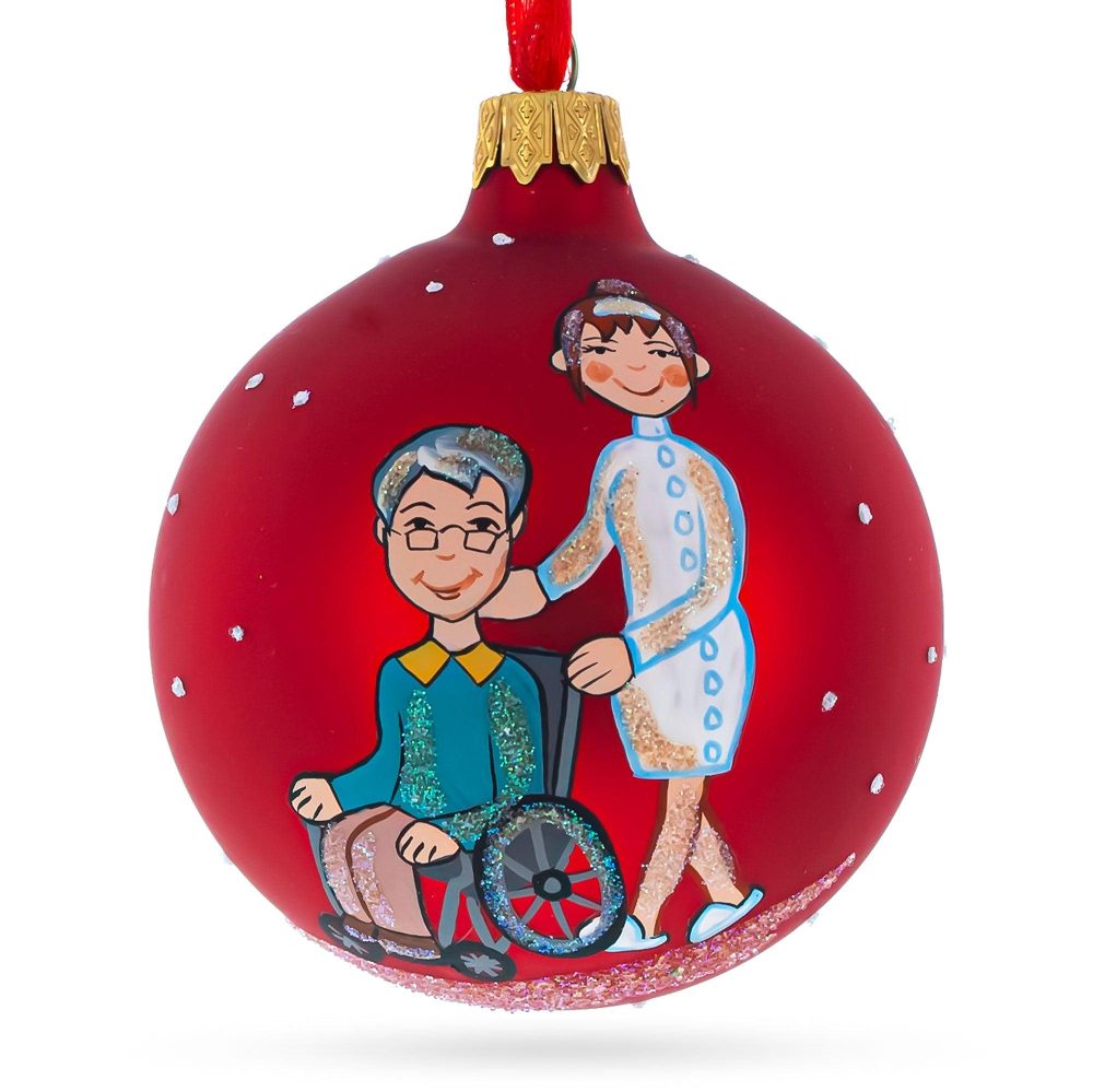 Caregiver With Woman In Wheelchair Blown Glass Ball Christmas Ornament 3.25 Inches  |   Occupations Occupations Occupations