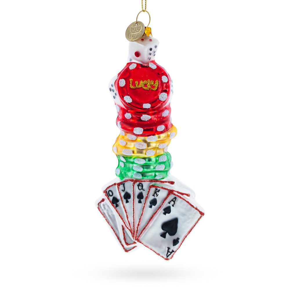 Casino Poker Chips And Cards Blown Glass Christmas Ornament  |   Hobby Hobby Hobby