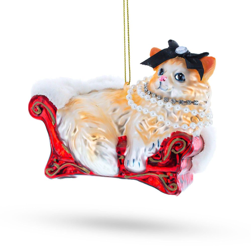 Cat In Pearl Necklace Lounging On Luxurious Sofa Blown Glass Christmas Ornament  |   Animals Animals Animals