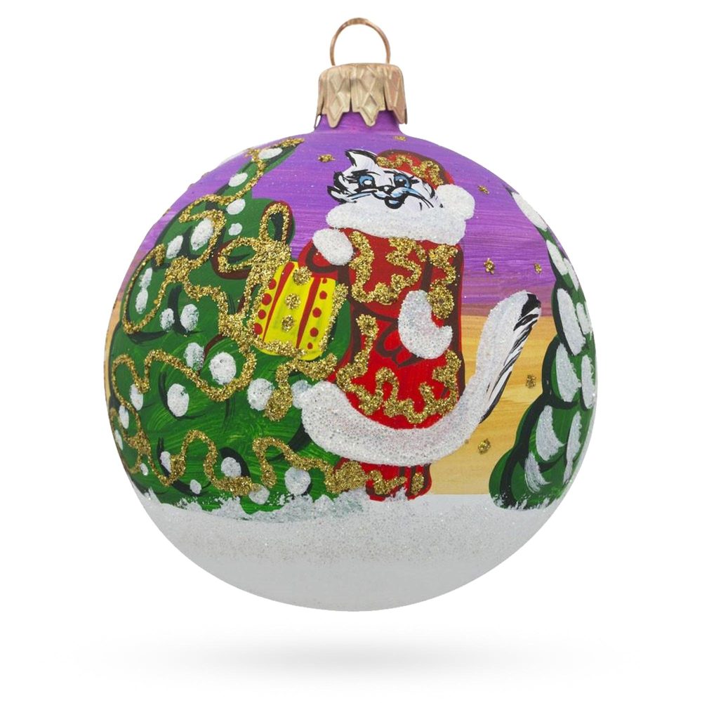 Cat Leaving Holiday Gifts Blown Glass Ball Christmas Ornament 3.25 Inches  |   Animals Animals Animals