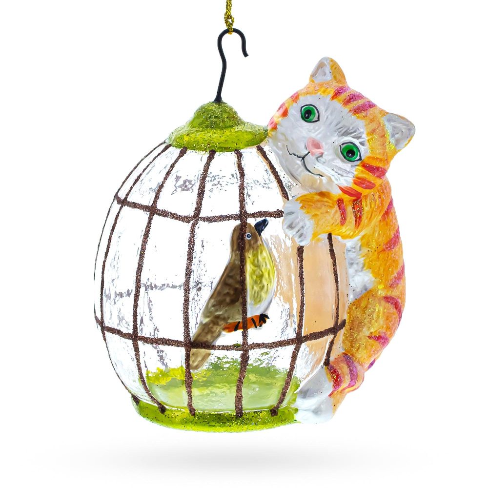 Cat Perched On Bird Cage Blown Glass Christmas Ornament  |   Animals Animals Animals