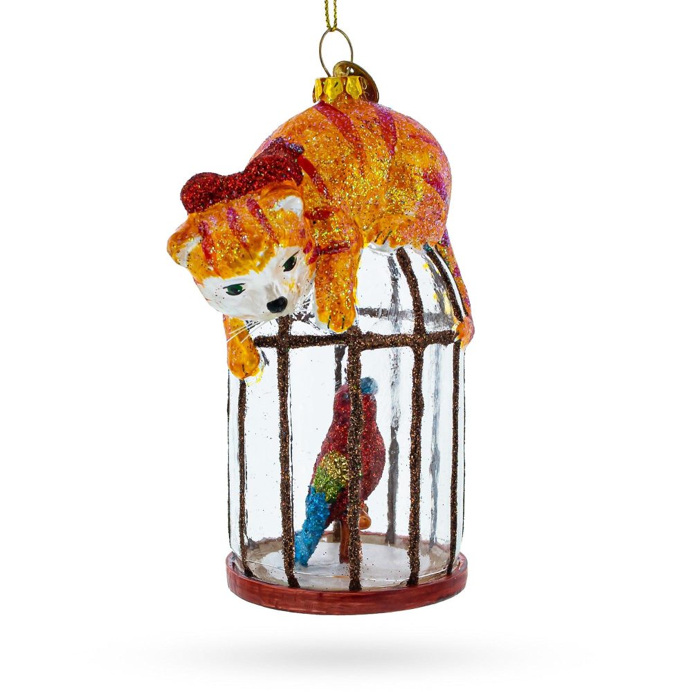 Cat Perched On Parrot Bird Cage Glass Christmas Ornament  |   Animals Animals Animals