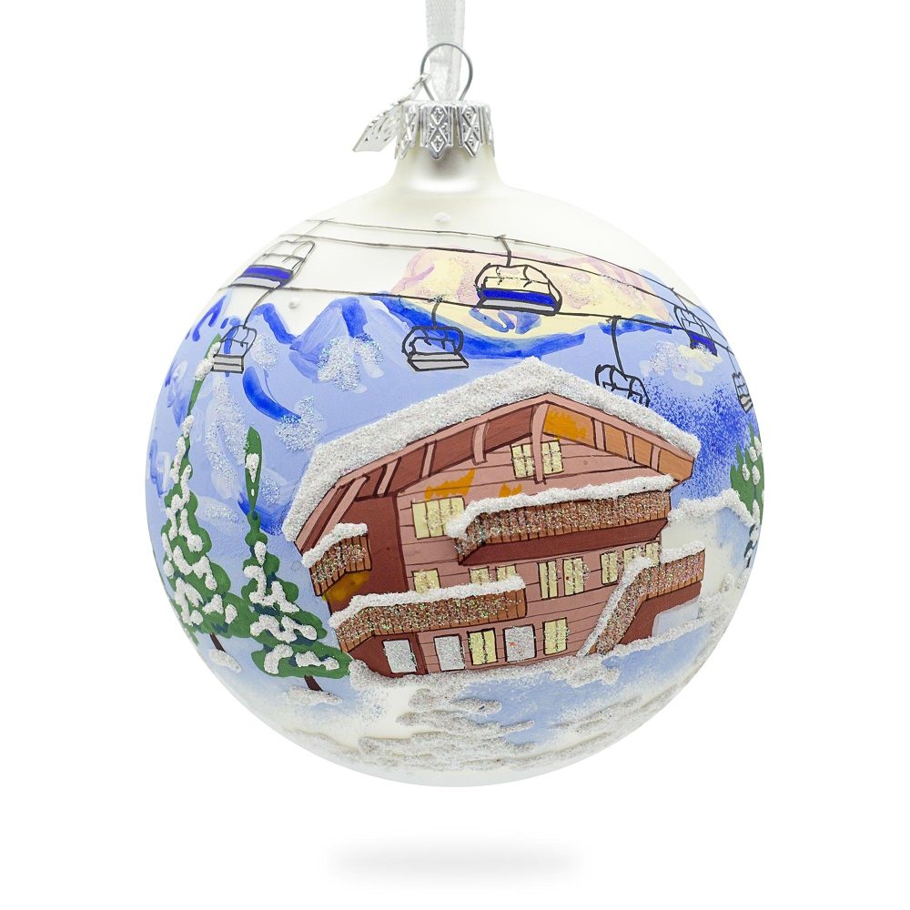 Chalet And Ski Lifts In The Mountains Glass Ball Christmas Ornament 4 Inches  |   Personalized Ornaments Personalized