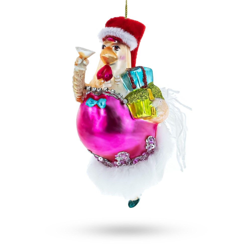 Charming Chicken In Pink Dress Glass Christmas Ornament  |   Animals Animals Animals