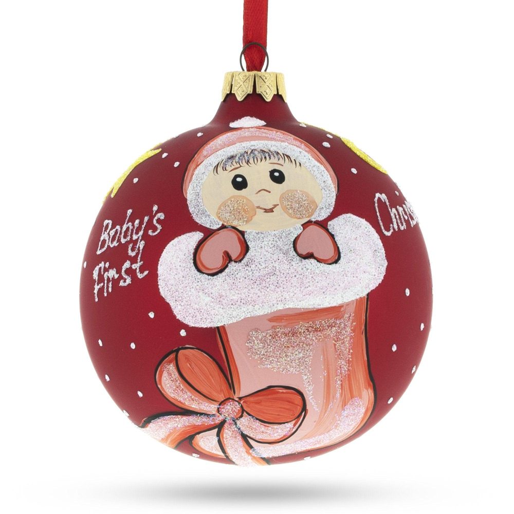 Charming Girl In Festive Christmas Stocking Blown Glass Ball Baby’S First Christmas Ornament 4 Inches  |   Baby Baby Baby