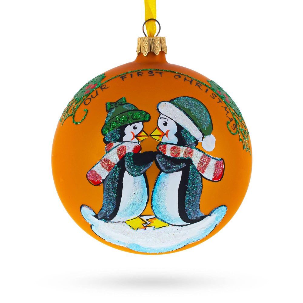 Charming Penguin Couple Blown Glass Ball ‘Our First Christmas’ Ornament 4 Inches  |   Love Love Love