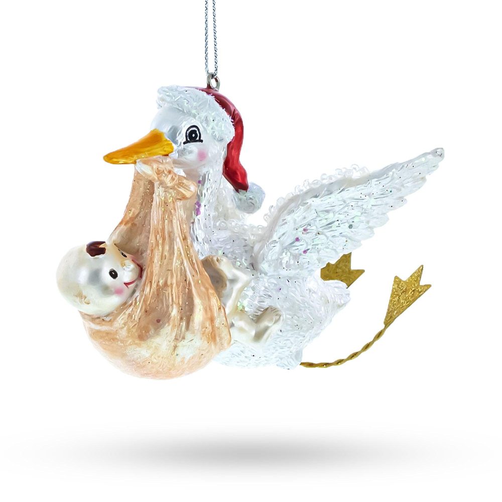 Charming Stork Carrying Baby Blown Glass Christmas Ornament  |   Baby Ornaments Baby