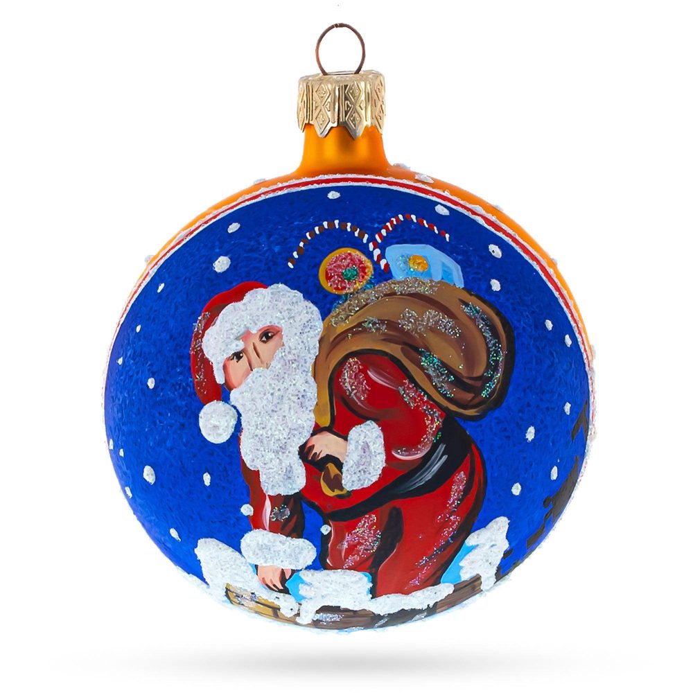 Cheerful Santa Climbing Down The Chimney Blown Glass Ball Christmas Ornament 3.25 Inches  |   Personalized Ornaments Personalized