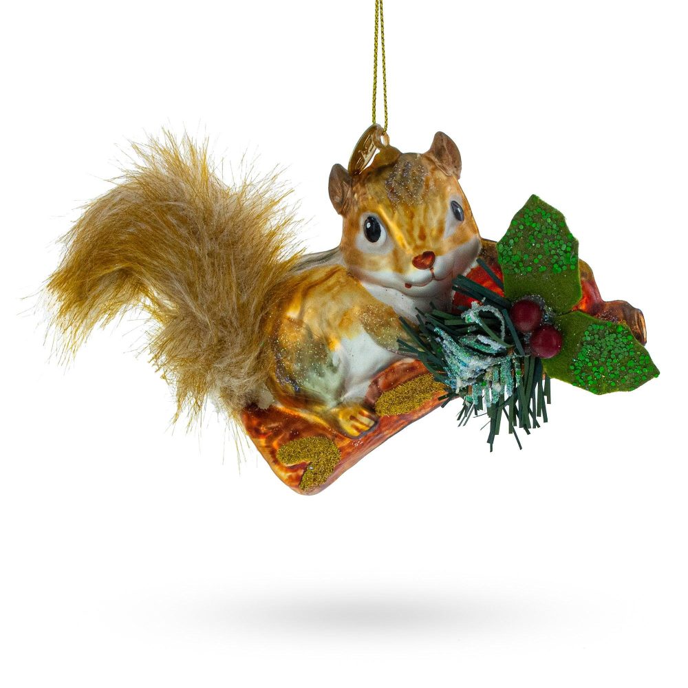 Cheerful Squirrel On A Blossoming Branch Blown Glass Christmas Ornament  |   Animals Animals Animals