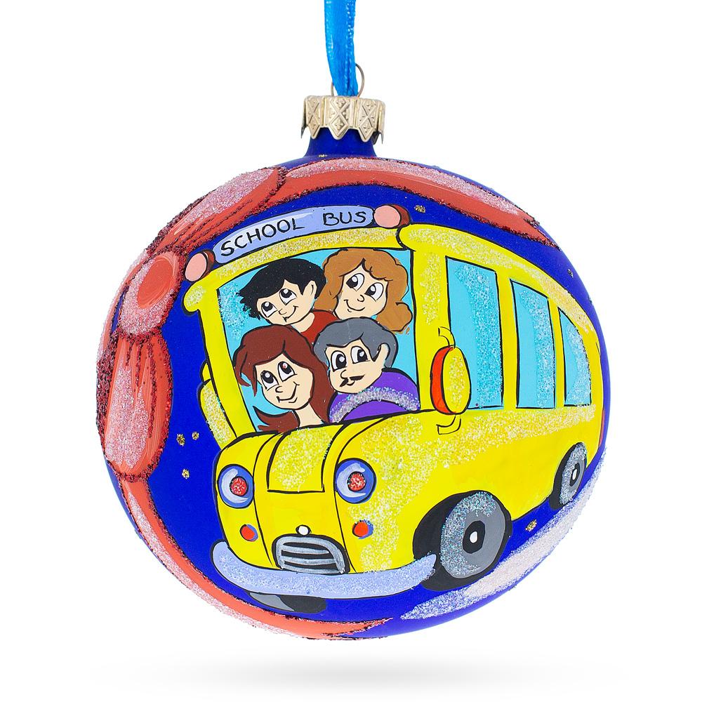 Cheerful Yellow School Bus Blown Glass Ball Christmas Ornament 4 Inches  |   Personalized Ornaments Personalized