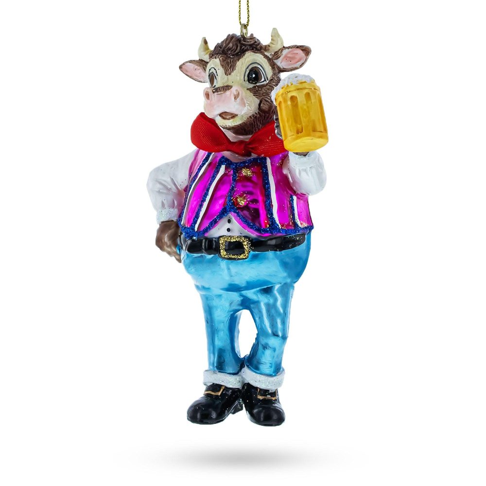 Cheers! Bull Hoisting A Cold One Beer Blown Glass Christmas Ornament  |   Food Food Food