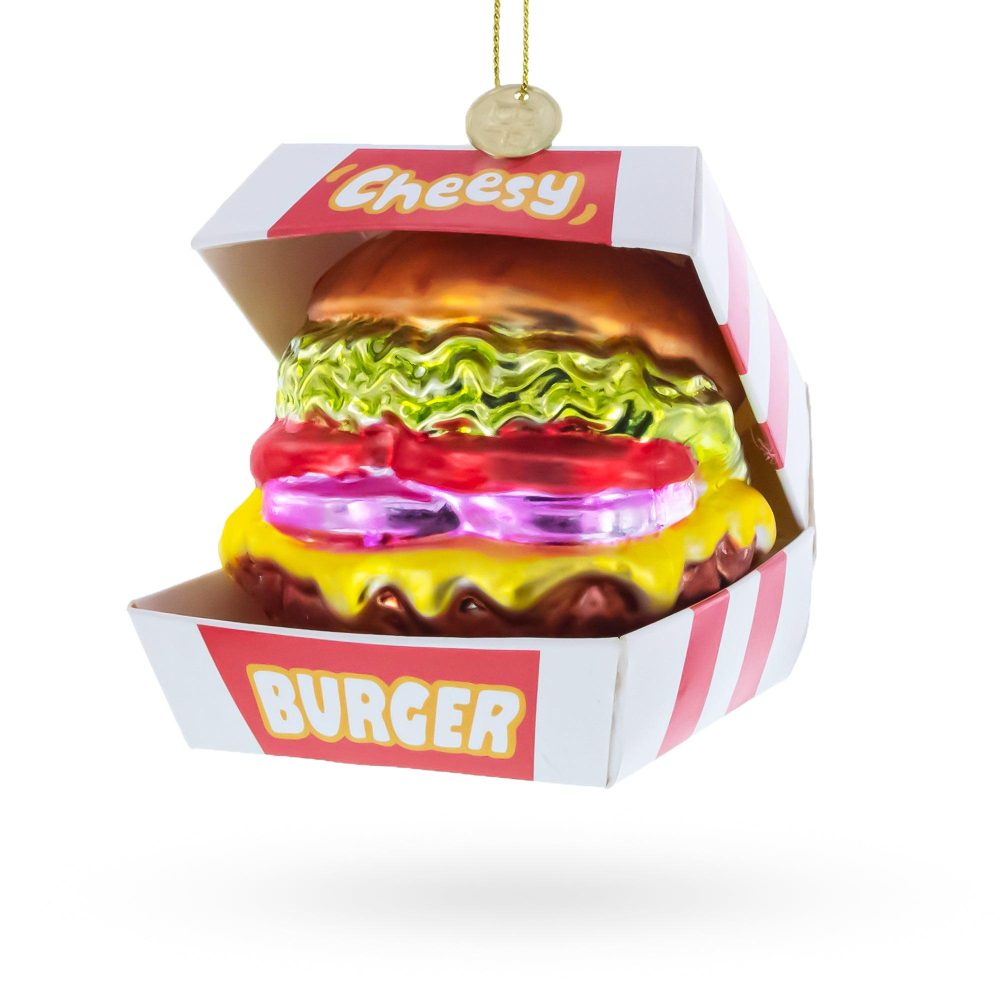 Cheeseburger In Box Blown Glass Christmas Ornament  |   Food Food Food