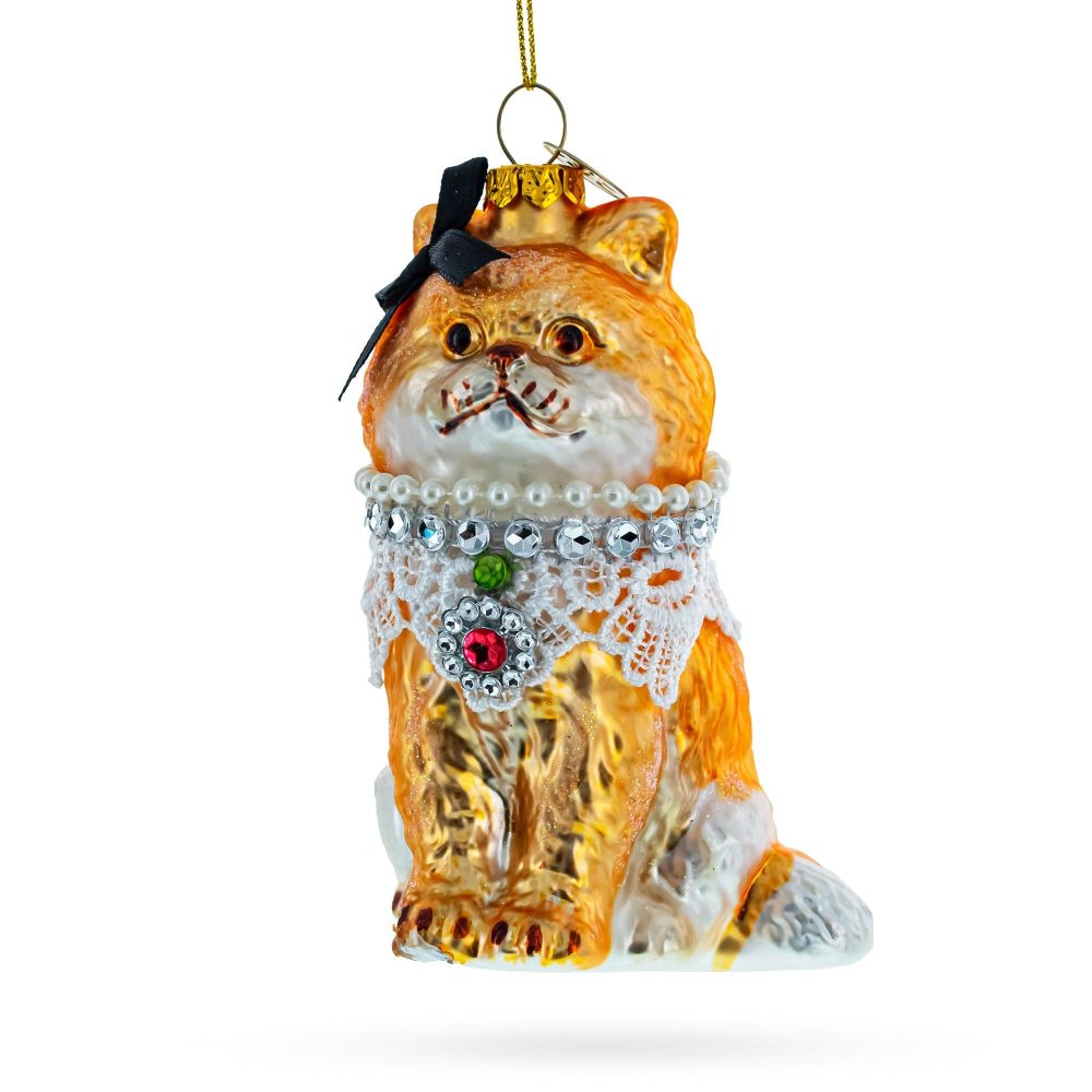 Chic Cat With Pendant Blown Glass Christmas Ornament  |   Animals Animals Animals