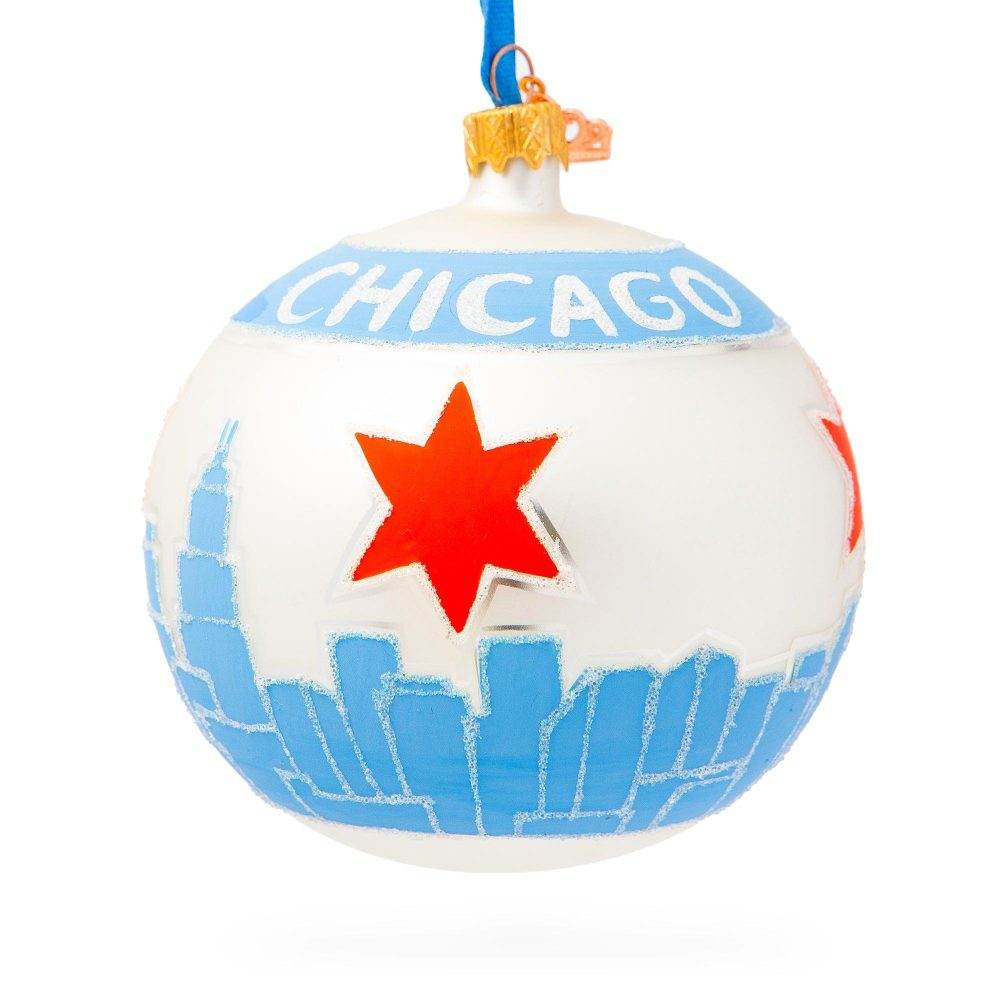 Chicago Cityscape And Flag Glass Ball Christmas Ornament 4 Inches  |   Travel Ornaments Travel