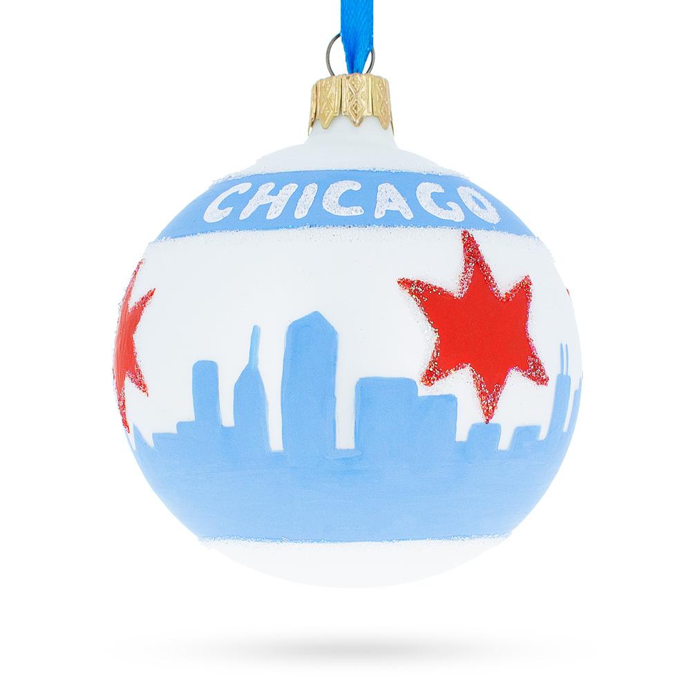 Chicago Flag Glass Ball Christmas Ornament 3.25 Inches  |   Travel Ornaments Travel