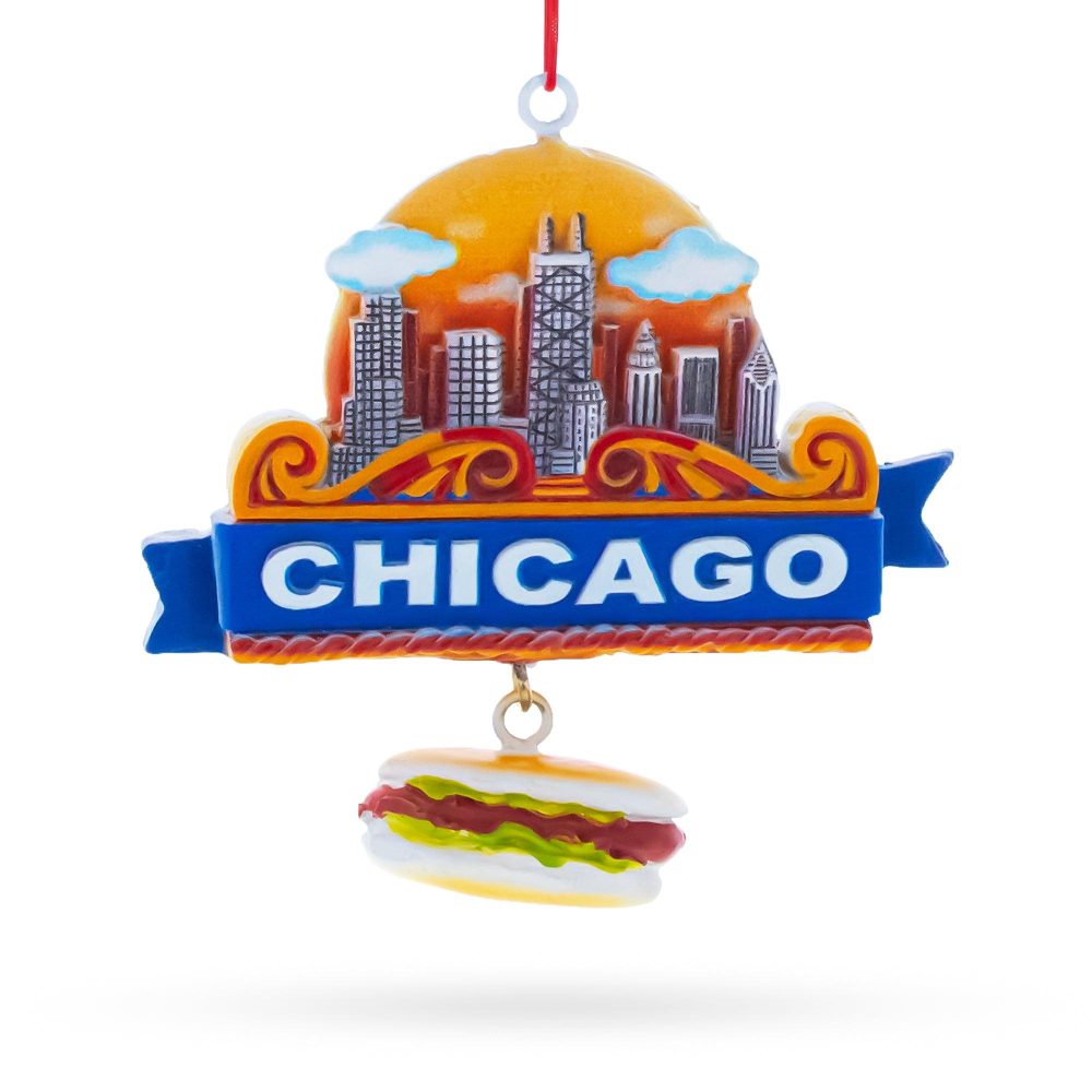 Chicago Skyline With Hot Dog Resin Christmas Ornament  |   Travel Ornaments Travel