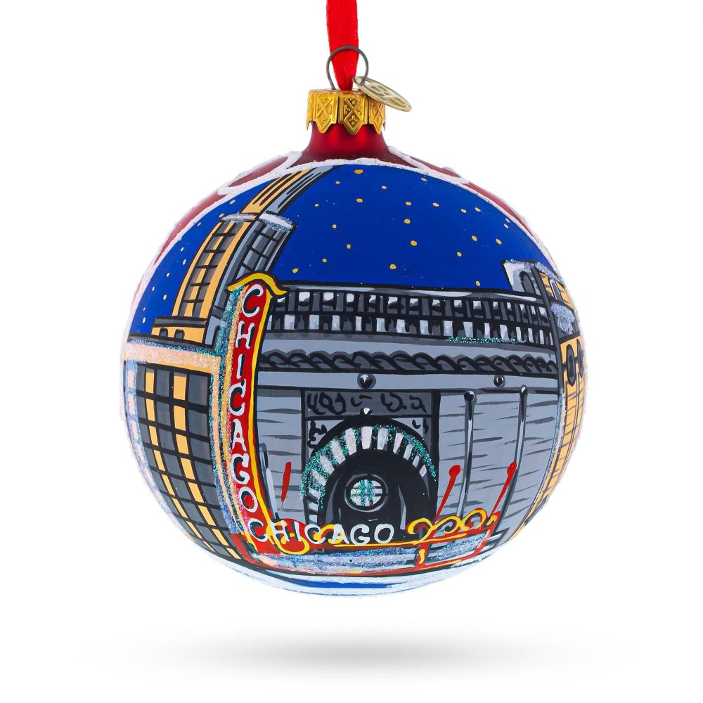 Chicago Theater, Illinois, Usa Blown Glass Ball Christmas Ornament 4 Inches  |   Travel Ornaments Travel