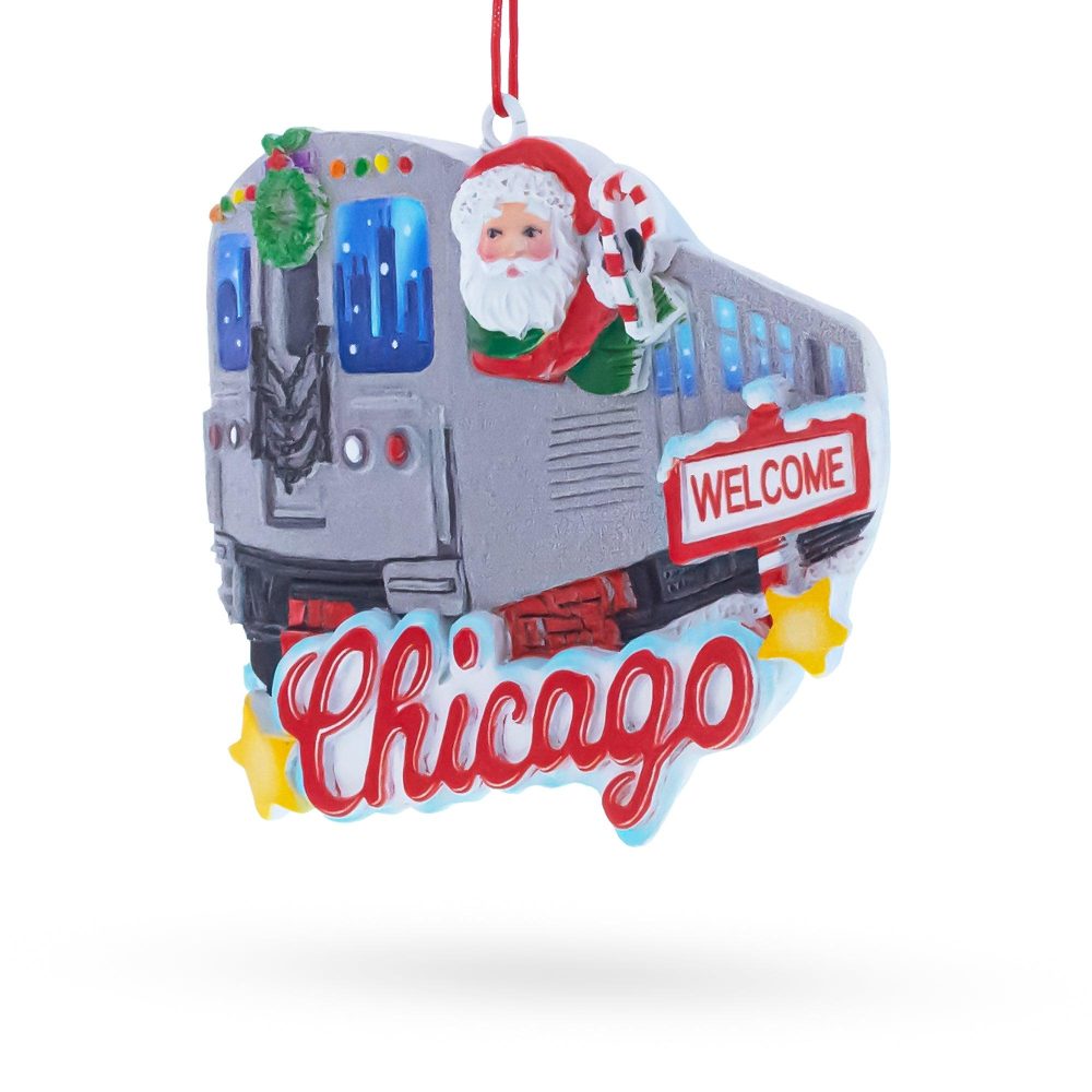 Chicago Train With Santa And Welcome Sign Resin Christmas Ornament  |   Travel Ornaments Travel