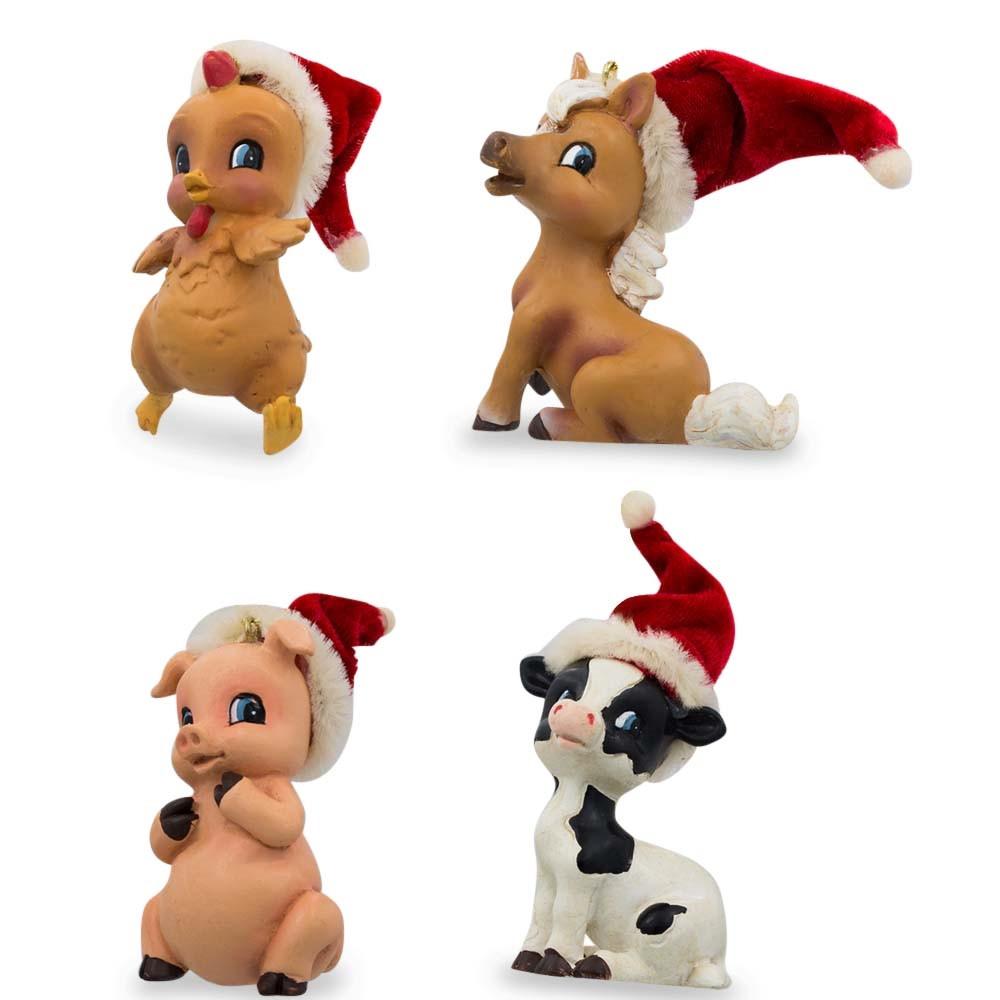 Chick, Piglet, Calf And Pony In Santa Hats- Christmas Ornaments 3 Inches  |   Animals Animals Animals