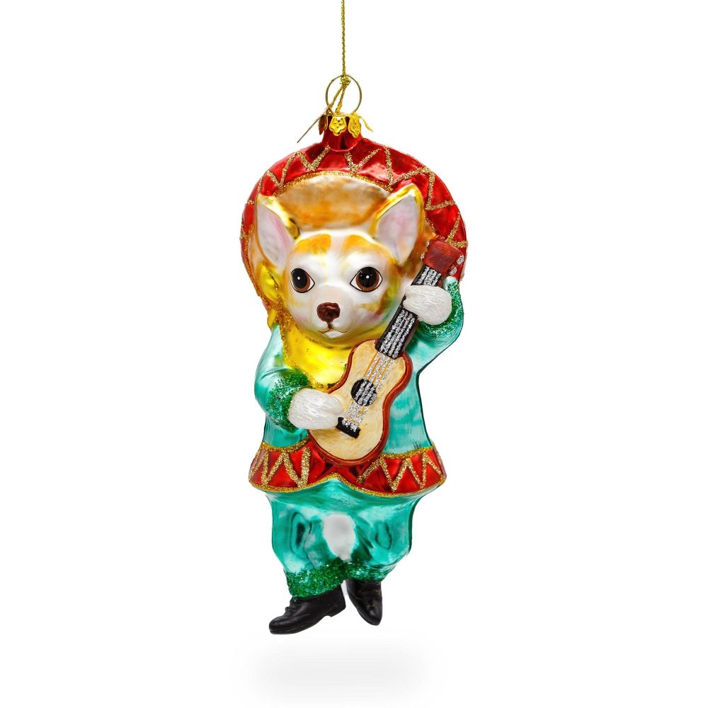 Chihuahua Dog In Sombrero Playing Guitar Blown Glass Christmas Ornament  |   Animals Animals Animals