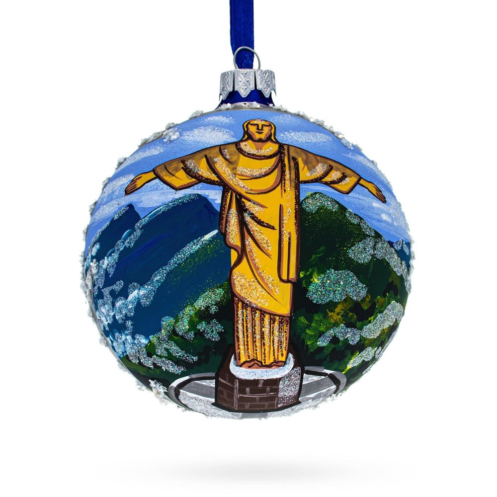 Christ The Redeemer, Rio De Janeiro, Brazil Glass Ball Christmas Ornament 4 Inches  |   Travel Ornaments Travel