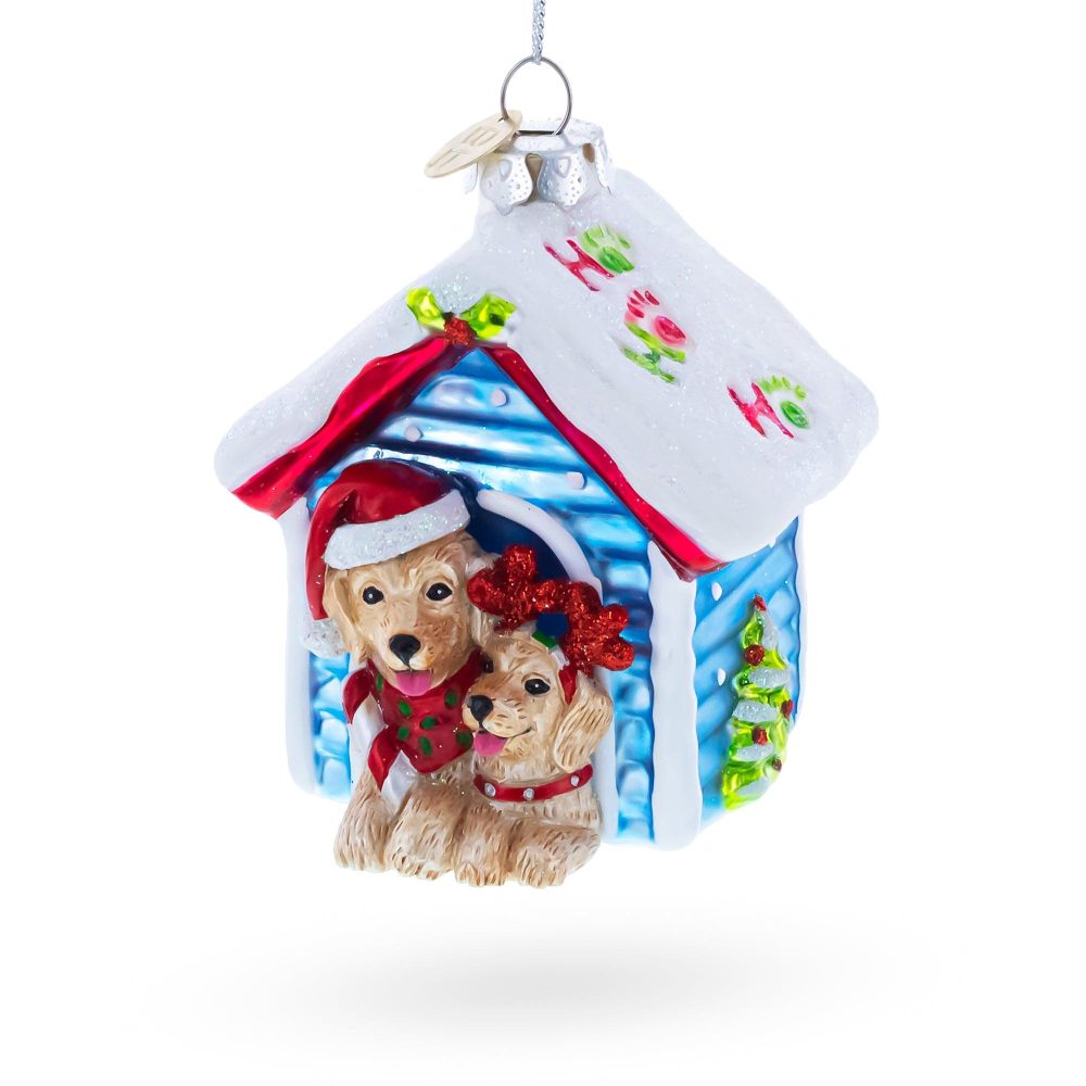 Christmas Dogs In Doghouse Blown Glass Christmas Ornament  |   Animals Animals Animals