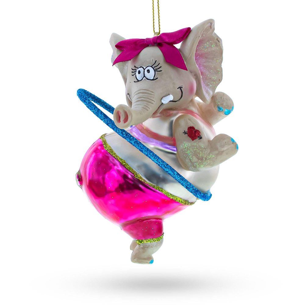 Circus Elephant Balancing Hula Hoop Glass Christmas Ornament  |   Animals Animals Animals