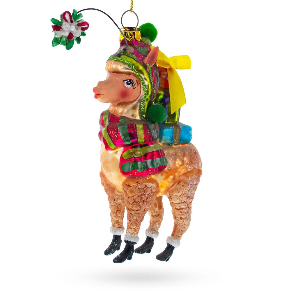 Colorful Lama Carrying Gifts Blown Glass Christmas Ornament  |   Animals Animals Animals