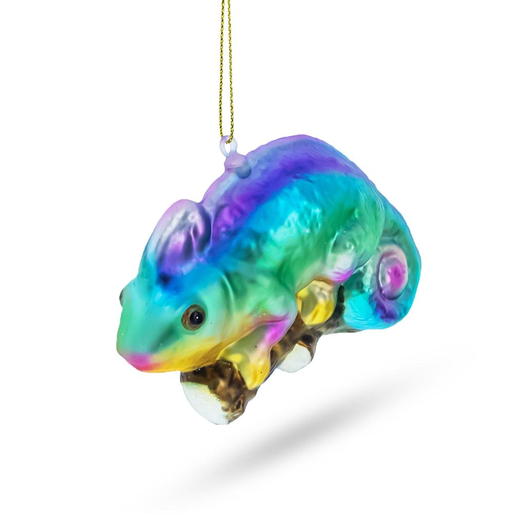 Colorful Rainbow Chameleon Blown Glass Christmas Ornament  |   Animals Animals Animals