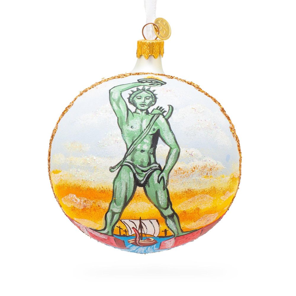 Colossus Of Rhodes, Greece Glass Ball Christmas Ornament 4 Inches  |   Travel Ornaments Travel