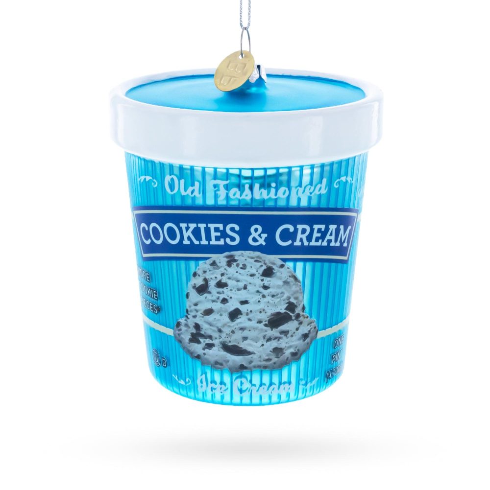 Cookies And Cream Ice Cream Pint Blown Glass Christmas Ornament  |   Food Food Food